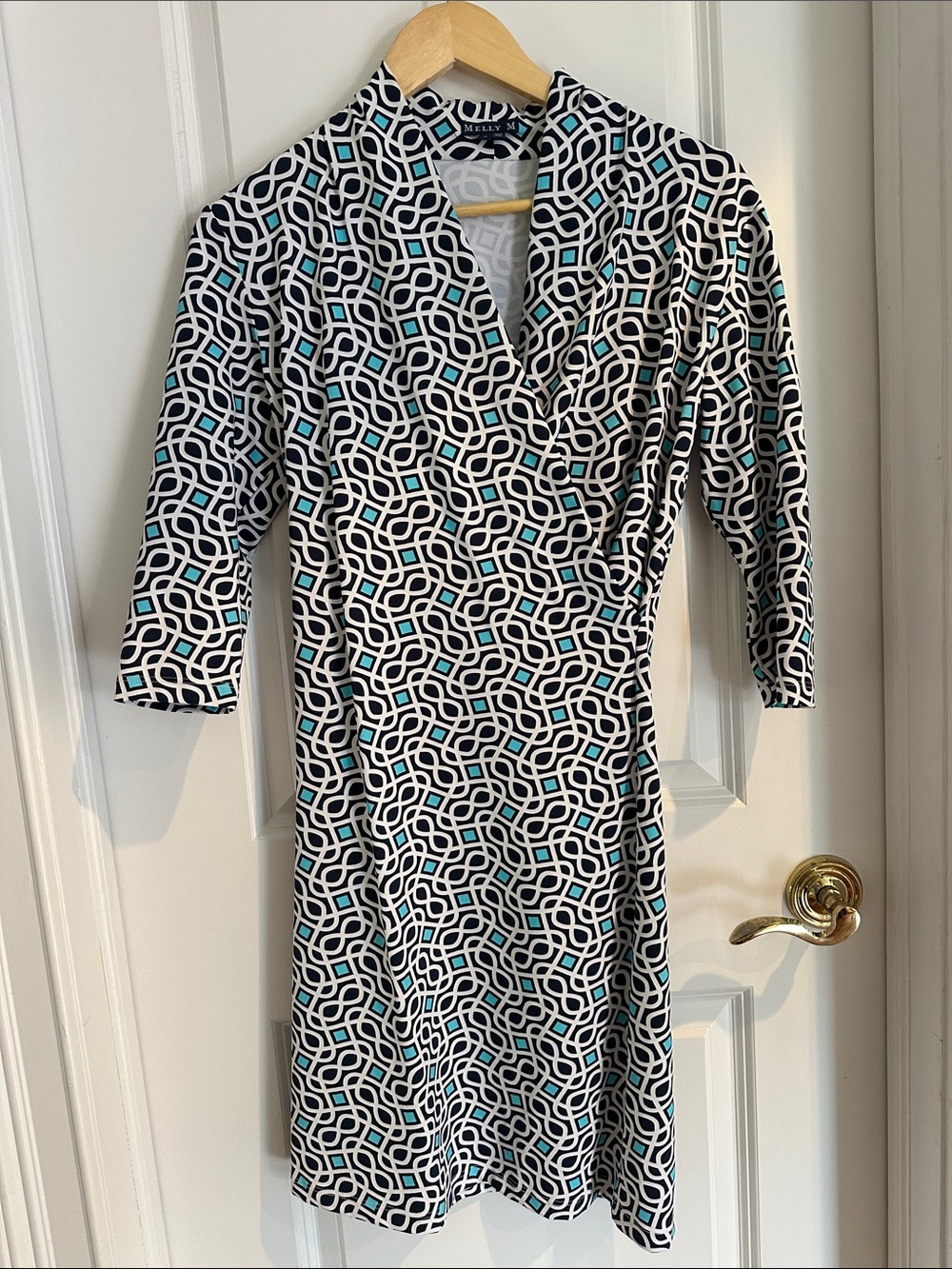 Milly Black & White Geometric Wrap Dress with Teal Details